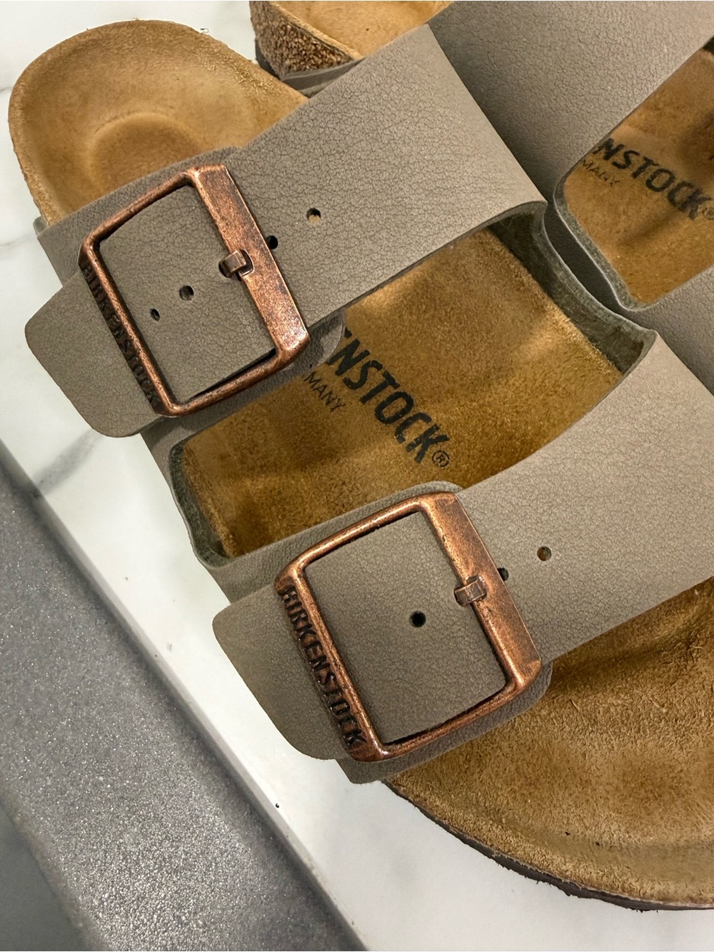 Birkenstock Two-Strap Sandals Gray with Brown Footbed - Picture 7 of 9